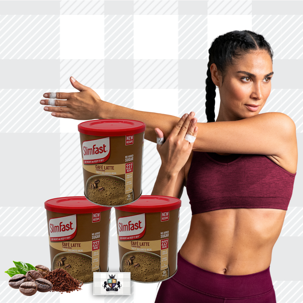 AETN Creations SlimFast Diet Meal Shake Bundle - High Protein Shake Pack of 3 in 10 Servings Cafe Latte Flavour plus AETN Creations Fridge Magnet, Tape Measure and Meal Planner