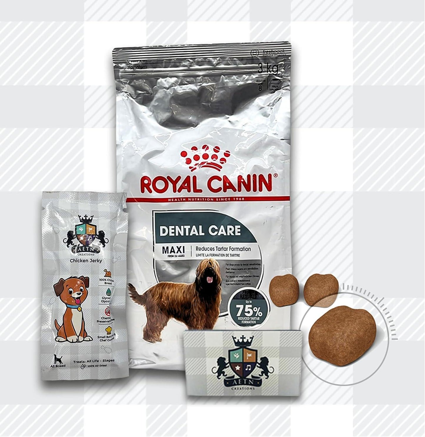 AETN Creations Maxi Dental Care Dog Bundle 3kg Dry Food And Chicken Jerky Treat Formulated To Help Maintain Health Adult Dogs.
