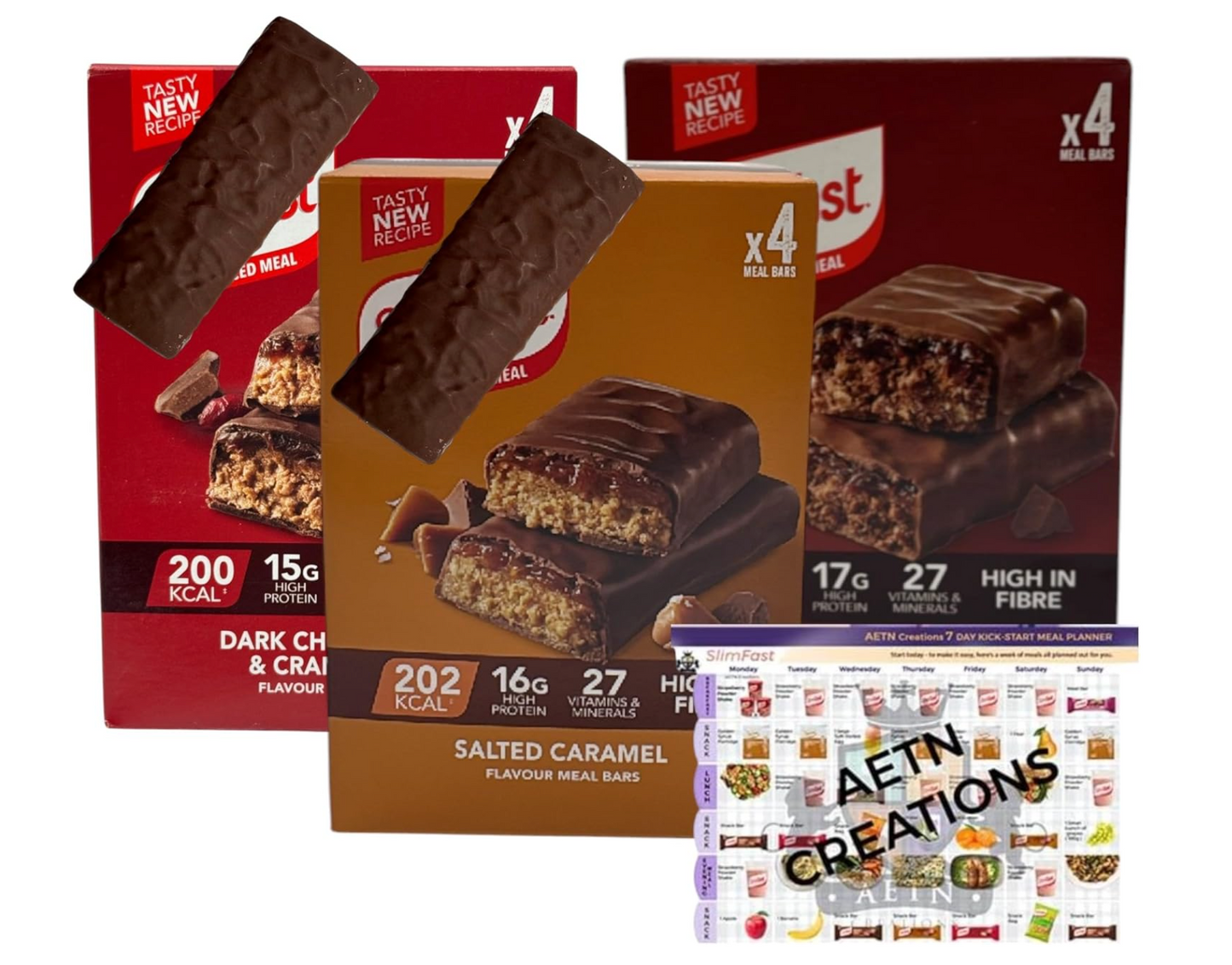 AETN Creations® Slim Fast Meal Replacement Bars - Salted Caramel, Chocolate Fudge & Dark Chocolate Cranberry Flavours, 12x60g, High Protein & Fibre, Low Calorie for Weight Loss with Meal Planner