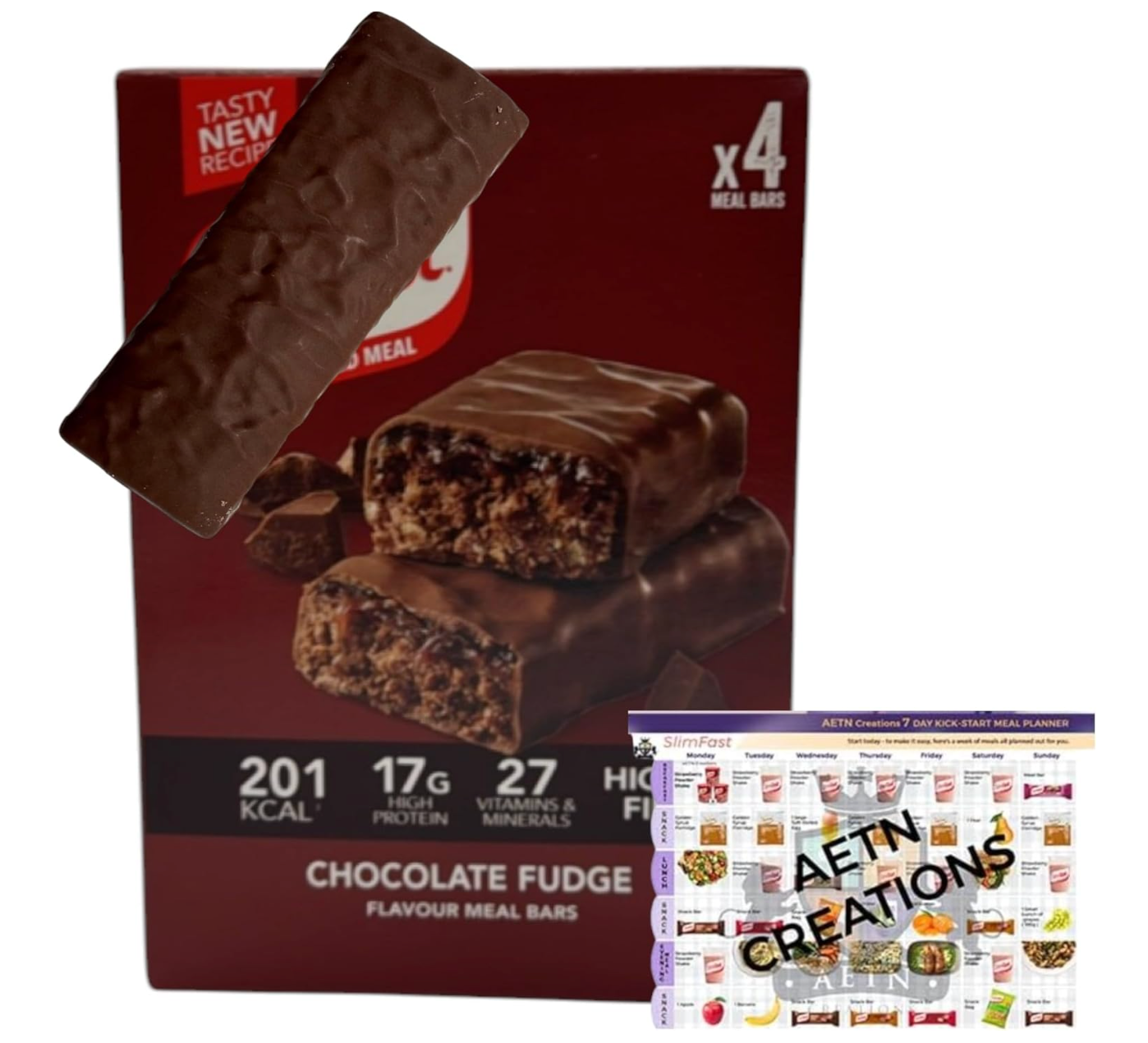 Slim Fast Meal Replacement Bars Chocolate Fudge, 4x60g – Low Calorie, High Protein and Fibre Meal Bars for Weight Loss Diet with Meal Planner