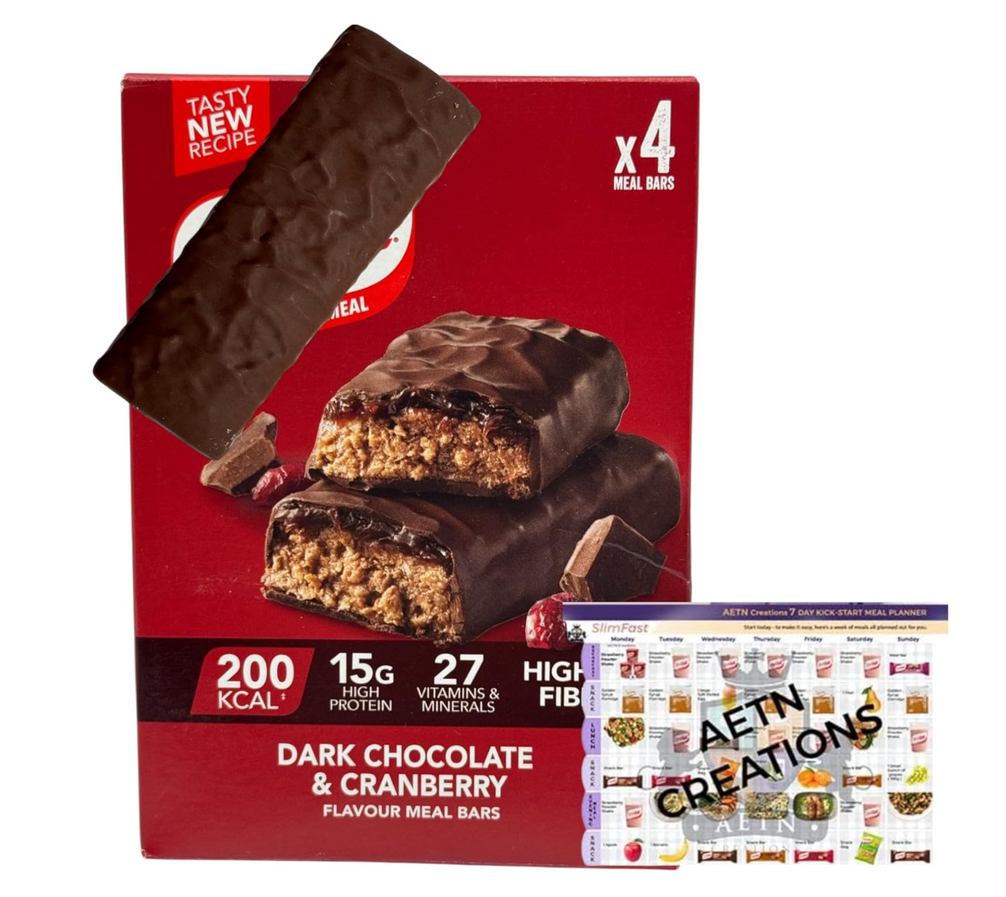 SlimFast Meal Replacement Bars Dark Chocolate Cranberry, 4x60g – Low Calorie, High Protein and Fibre Meal Bars for Weight Loss Diet with Meal Planner