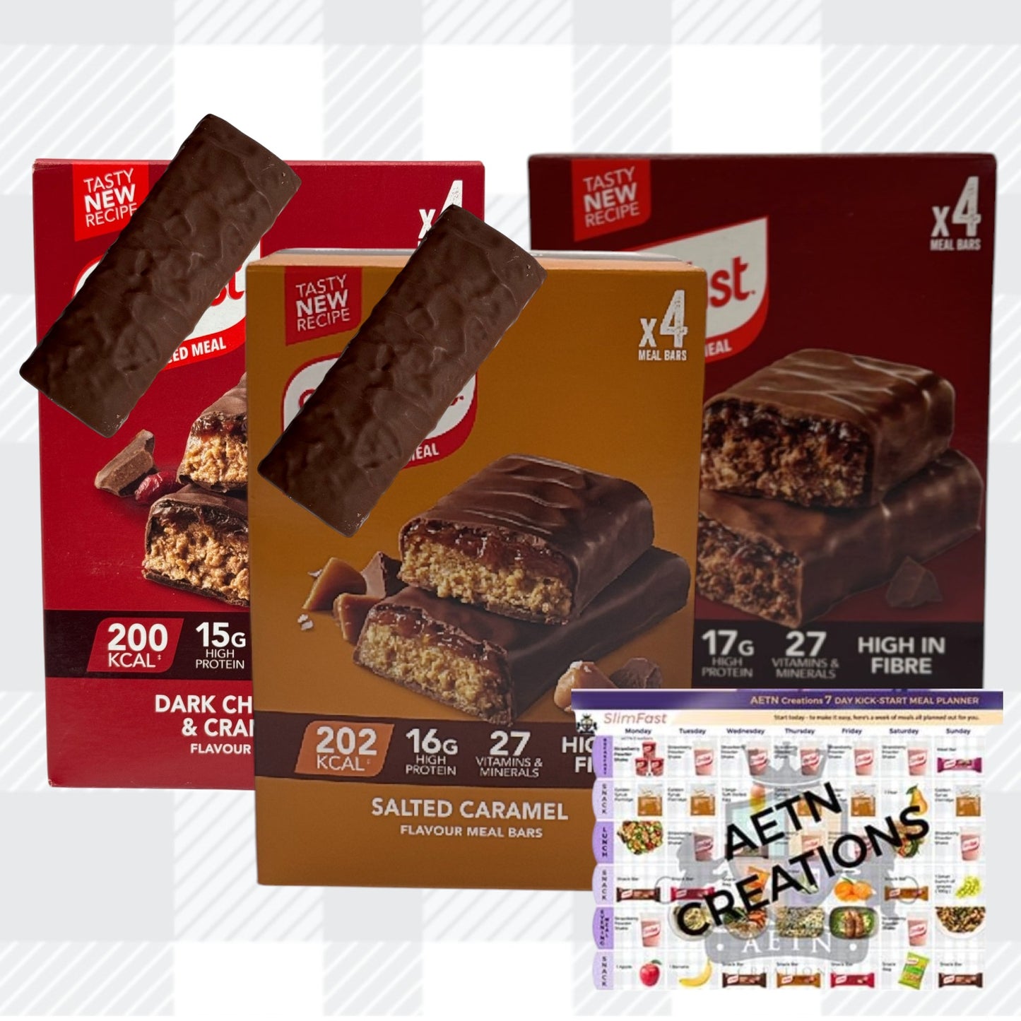 AETN Creations® Slim Fast Meal Replacement Bars - Salted Caramel, Chocolate Fudge & Dark Chocolate Cranberry Flavours, 12x60g, High Protein & Fibre, Low Calorie for Weight Loss with Meal Planner