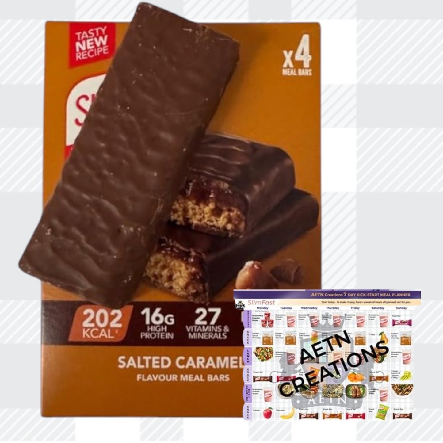 Slim Fast Meal Replacement Bars Salted Caramel, 4x60g – Low Calorie, High Protein and Fibre Meal Bars for Weight Loss Diet with Meal Planner