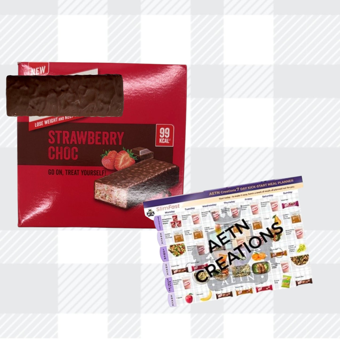 AETN Creations Strawberry Chocolate Snack Bars 2x6 Pack – Low Calorie 99kcal Snack Bars, Chocolate Coated Cereal Bars with AETN Creations Meal Planner Guide