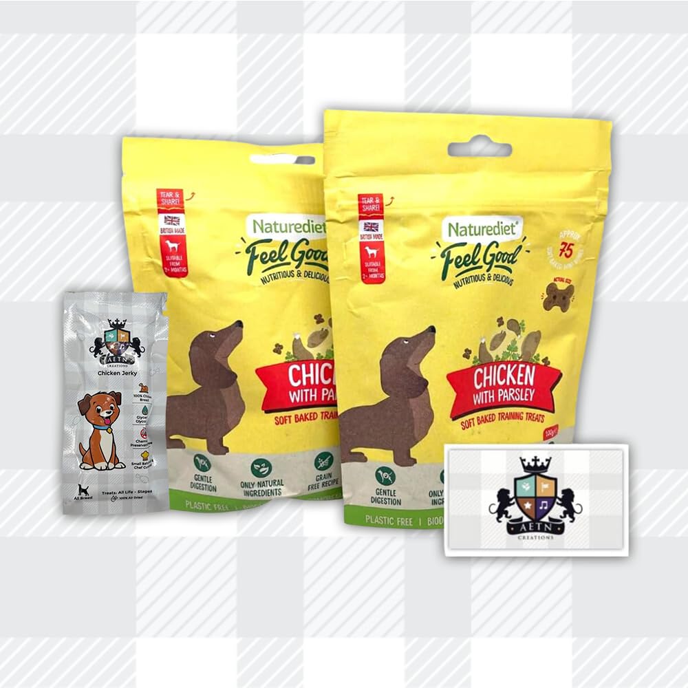 AETN Creations Naturediet Soft Baked Treat Bundle for Dogs 2x100g Feel Good Chicken with Parsley plus AETN Jerky Treat, Grain-Free Snacks