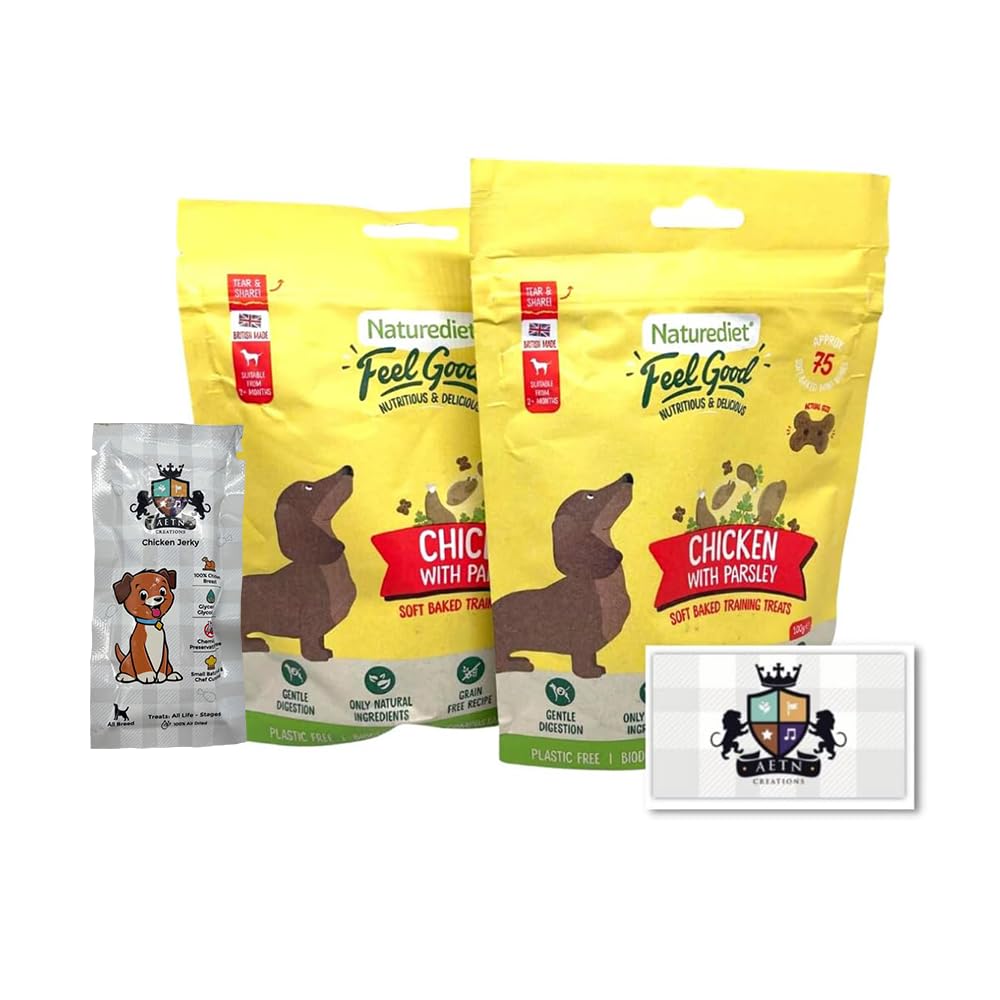 AETN Creations Naturediet Soft Baked Treat Bundle for Dogs 2x100g Feel Good Chicken with Parsley plus AETN Jerky Treat, Grain-Free Snacks