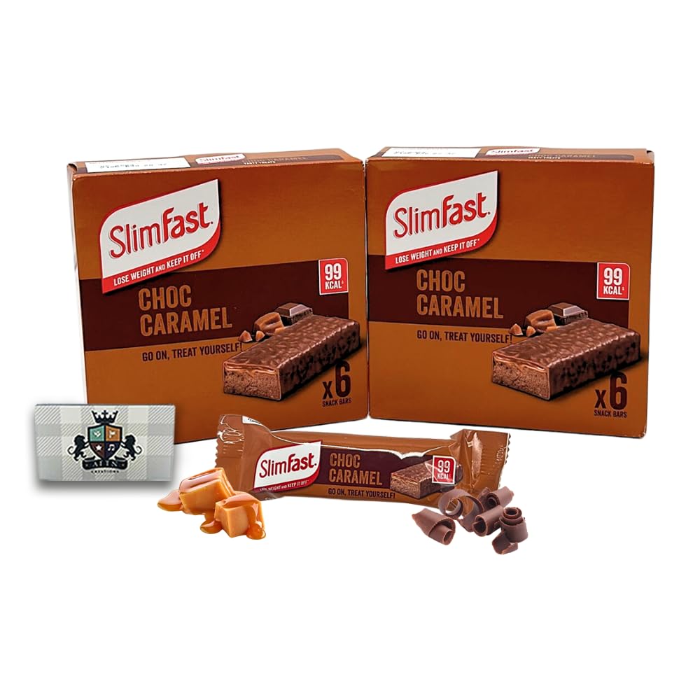 AETN Creations Slim Fast Chocolate Caramel Snack Bar 2 Boxes (12x25g) 99Kcal Sweet, Indulgent Treat On The Go with AETN Creations Fridge Magnet and Meal Planner
