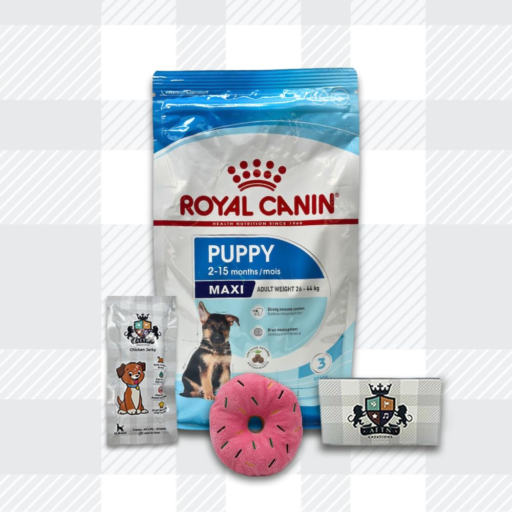 AETN Creations Maxi Puppy Pack Royal Canin 1kg Dry Food + AETN Jerky Dog Treat and Fun Plush Toy Complete Pack for Large Breed Puppies