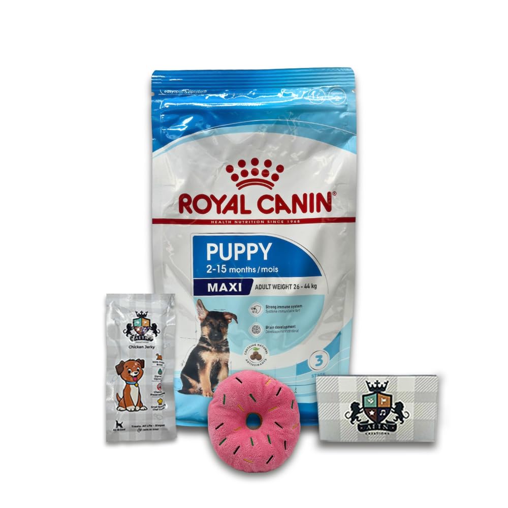 AETN Creations Maxi Puppy Pack Royal Canin 1kg Dry Food + AETN Jerky Dog Treat and Fun Plush Toy Complete Pack for Large Breed Puppies