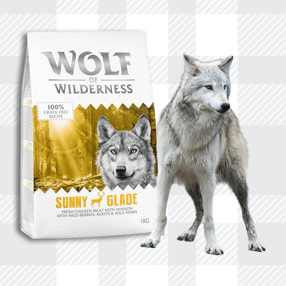 AETN Creations Wolf of Wilderness Adult Sunny Glade 1kg Bag Chicken with Venison Flavour Grain-Free, High-Protein Dry Dog Food with AETN Jerky Treat