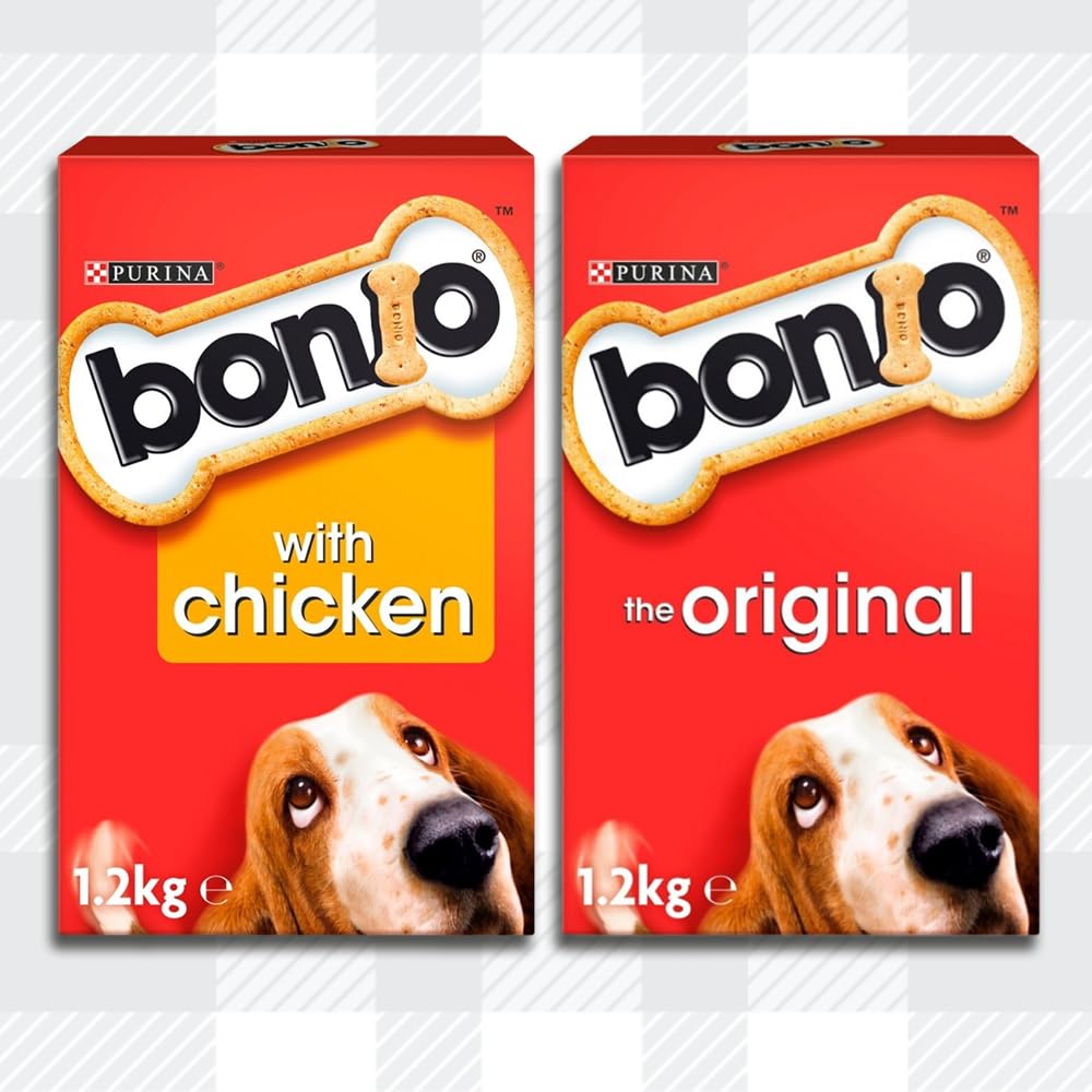 Bonio Mix 2x650g Original and Chicken Wholesome Nutrition, Irresistible Taste Low Fat Dog Biscuits with AETN Jerky Treat and Plush Doughnut Toy