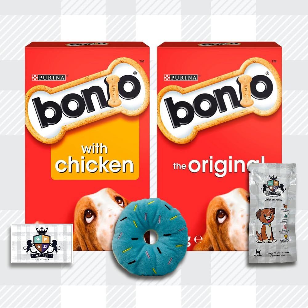 Bonio Mix 2x650g Original and Chicken Wholesome Nutrition, Irresistible Taste Low Fat Dog Biscuits with AETN Jerky Treat and Plush Doughnut Toy