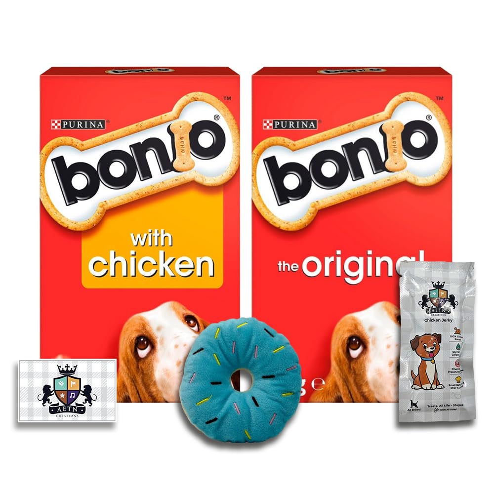 Bonio Mix 2x650g Original and Chicken Wholesome Nutrition, Irresistible Taste Low Fat Dog Biscuits with AETN Jerky Treat and Plush Doughnut Toy
