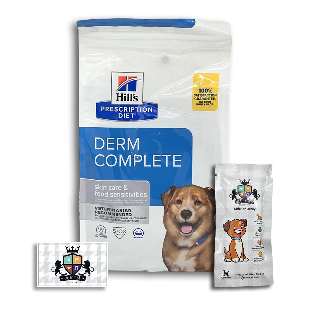 AETN Creations Diet Derm Complete Dry Dog Food 1.5kg for Canine Skin Conditions, Allergies, and Coat Care Management with AETN Chicken Jerky Treat