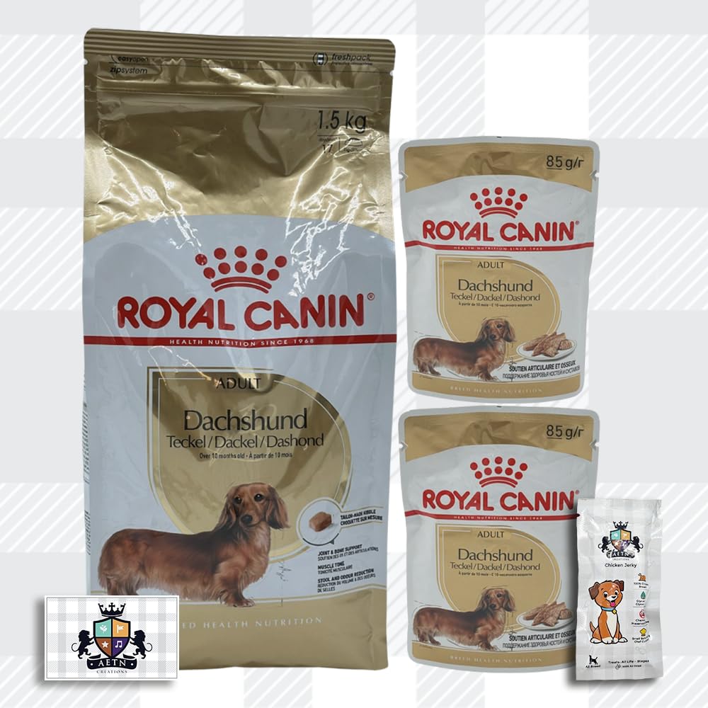 AETN Creations Complete Dachshund Care Bundle 1.5kg Dry Dog Food + 2x85g Wet Pouches with AETN Jerky Dog Treat