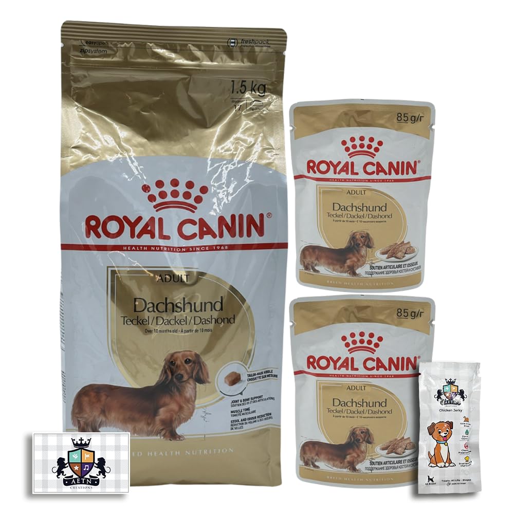 AETN Creations Complete Dachshund Care Bundle 1.5kg Dry Dog Food + 2x85g Wet Pouches with AETN Jerky Dog Treat