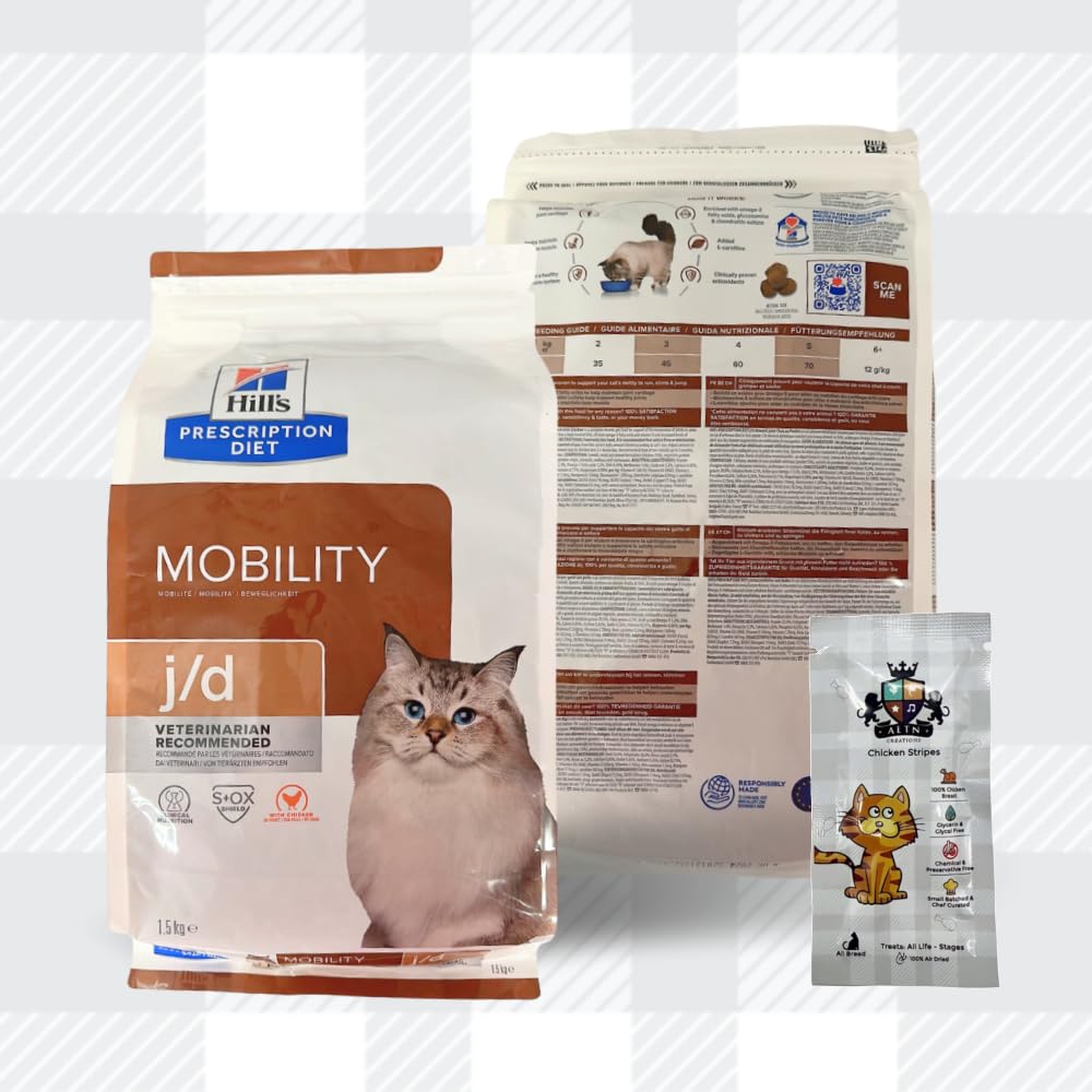 AETN Creations Prescription Diet J/d Joint Care 1.5kg Dry Cat Food plus AETN Chicken Cat Treat, Specifically Formulated for Cats with Joint Issues