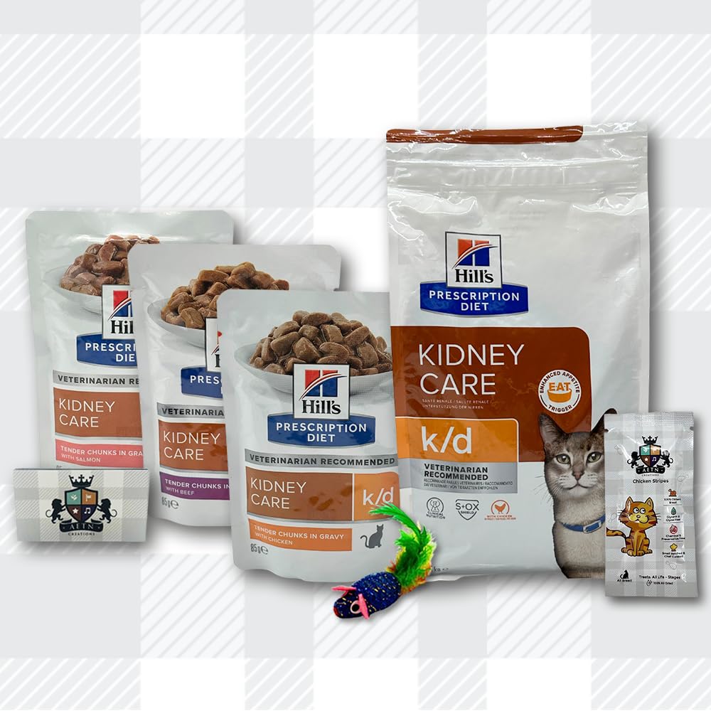 AETN Creations K/D Prescription Diet Variety Pack 3x85g Wet Pouches + 1.5kg Dry with AETN Chicken Cat Treat, Formulated to Improve Renal Health