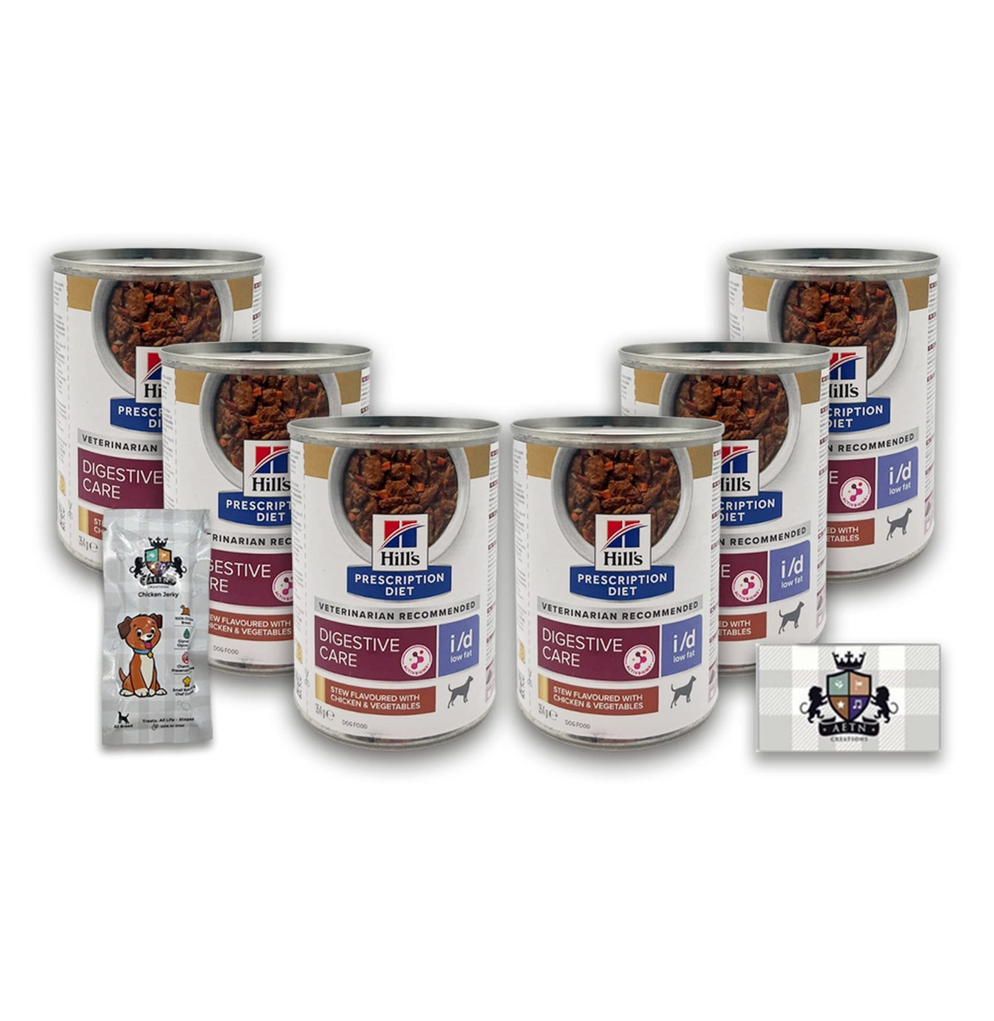 AETN Creations Bundle Prescription Diet I/D Low Fat Stew Chicken 6x354g Tins Wet Dog Food plus AETN Jerky Treat, Specially Formulated for Dogs with Digestive Problems