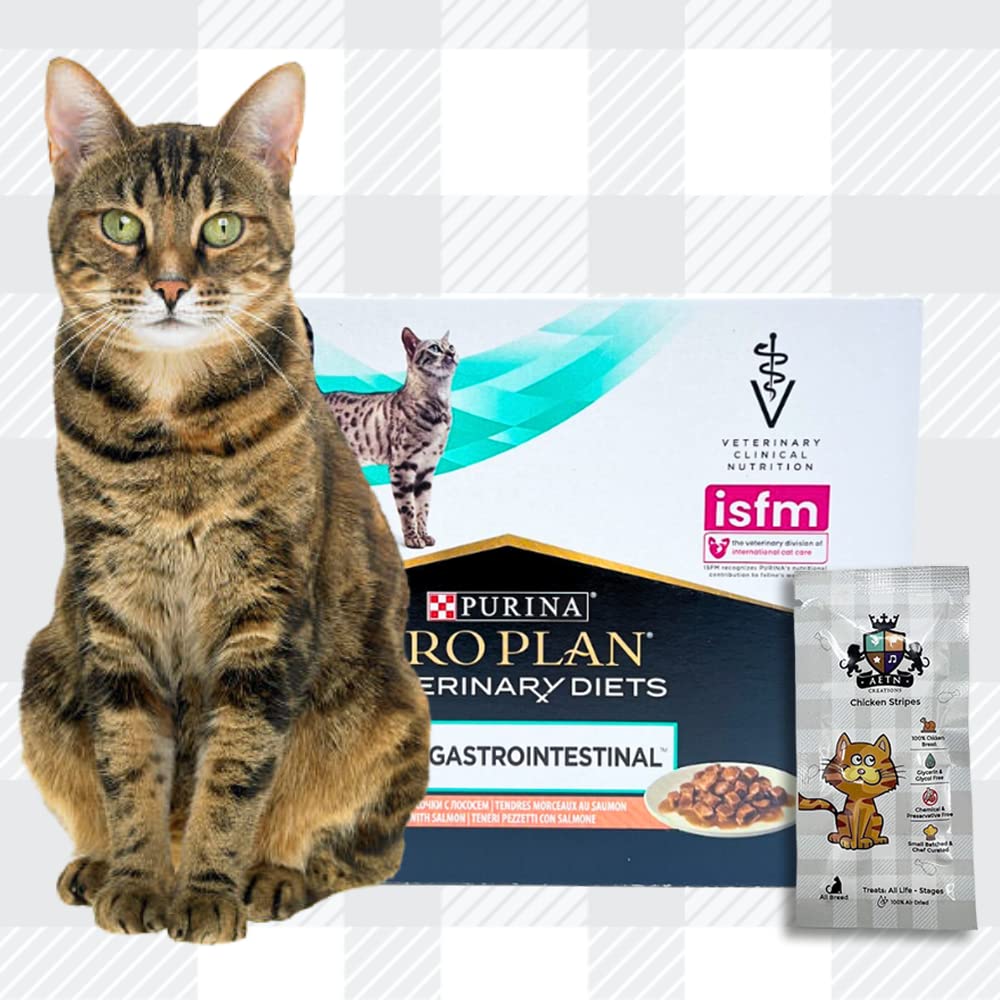 AETN Creations Pro Plan Gastrointestinal Wet Cat Food Mixed Pack 10x85g Chicken 10x85g Salmon with AETN Cat Treat Nourishing Digestive Health Formula