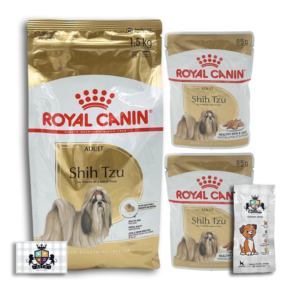AETN Creations Complete Shih Tzu Care Bundle 1.5kg Dry Dog Food + 2x85g Wet Pouches with AETN Jerky Dog Treat