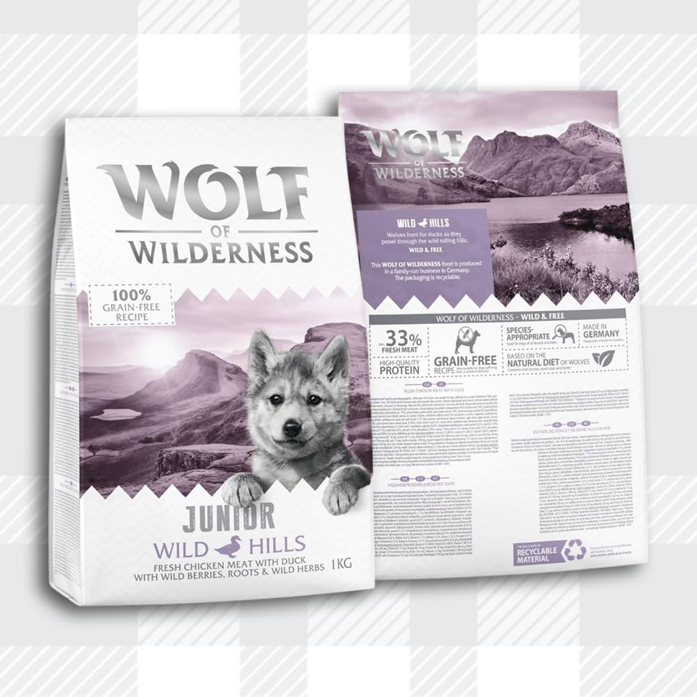 AETN Creations Junior Wolf of Wilderness Bundle 2 x 1kg in Duck and Lamb Grain-Free Puppy Food with AETN Jerky Dog Treat and Plush Doughnut Toy