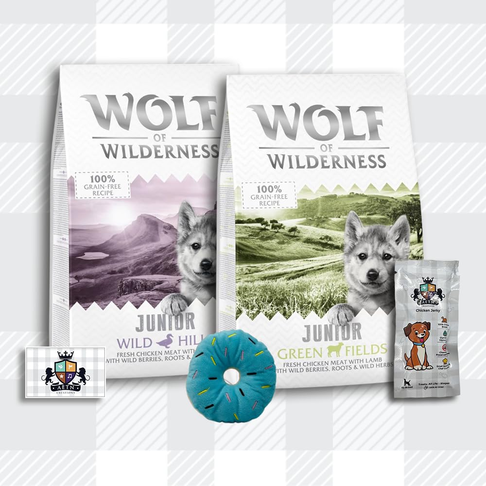 AETN Creations Junior Wolf of Wilderness Bundle 2 x 1kg in Duck and Lamb Grain-Free Puppy Food with AETN Jerky Dog Treat and Plush Doughnut Toy