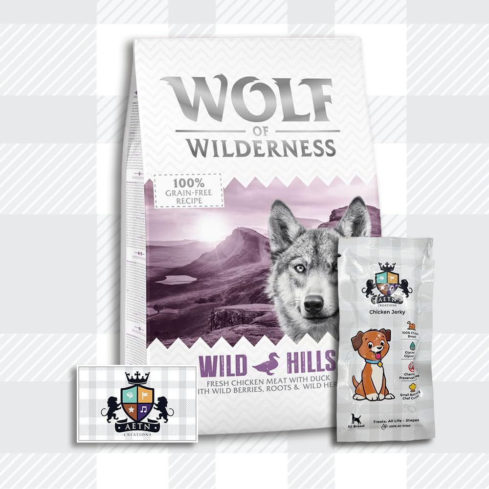 AETN Creations Wolf of Wilderness Adult Wild Hills 1kg - Chicken and Duck Flavour Grain-Free, Premium Quality Protein Dry Dog Food with AETN Jerky Treat