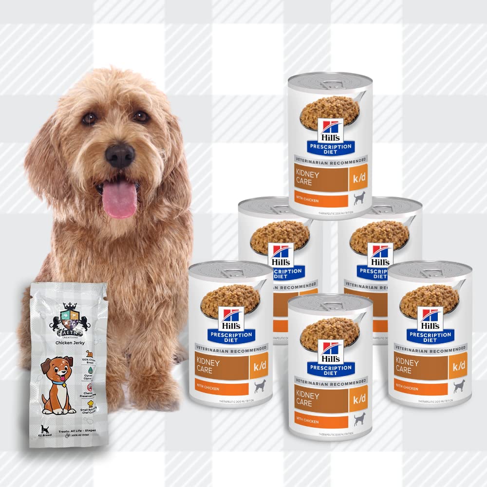 AETN Creations Hills Prescription Diet k/d Kidney Care Dog Food Wet with Chicken 6x370g and AETN jerky treat