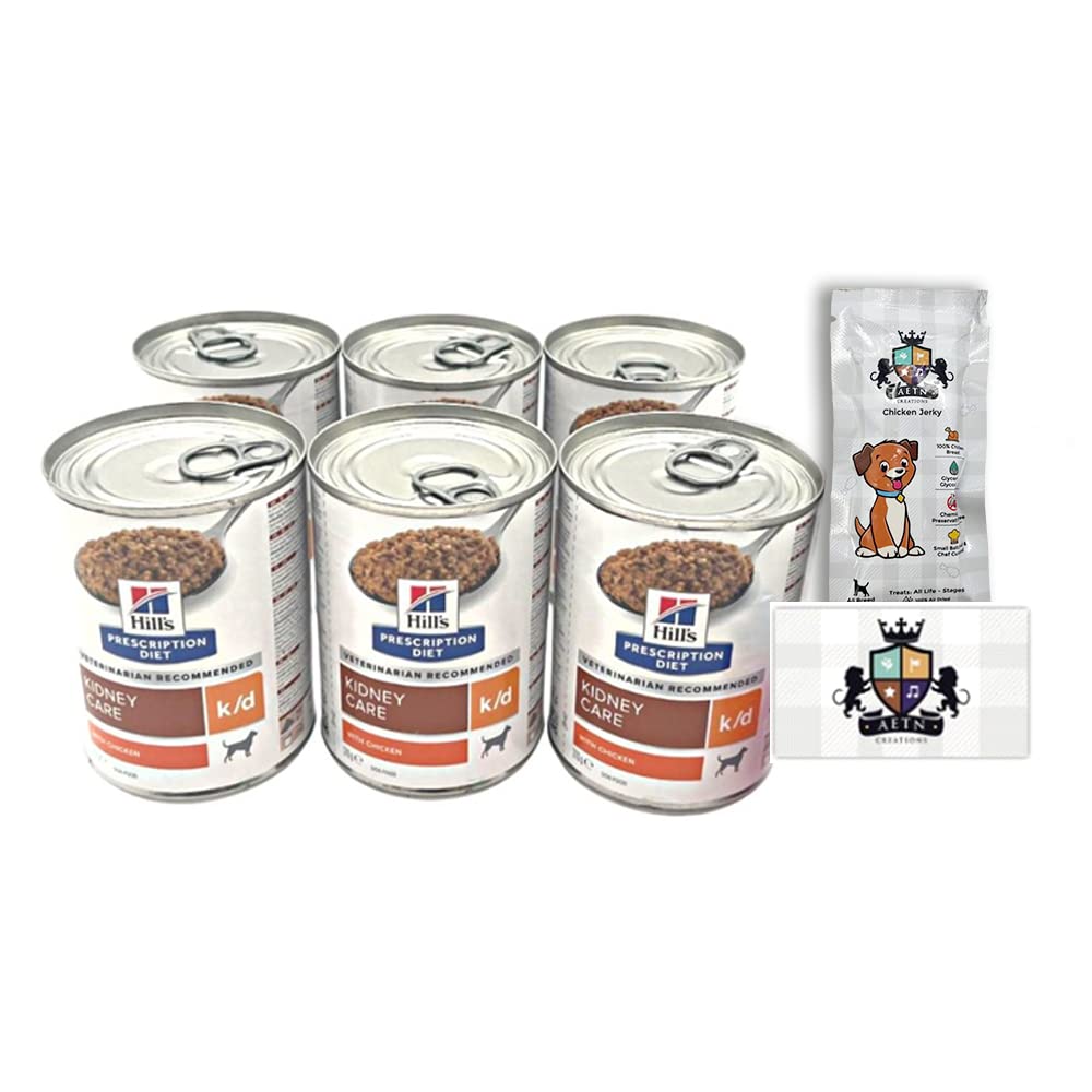 AETN Creations Hills Prescription Diet k/d Kidney Care Dog Food Wet with Chicken 6x370g and AETN jerky treat