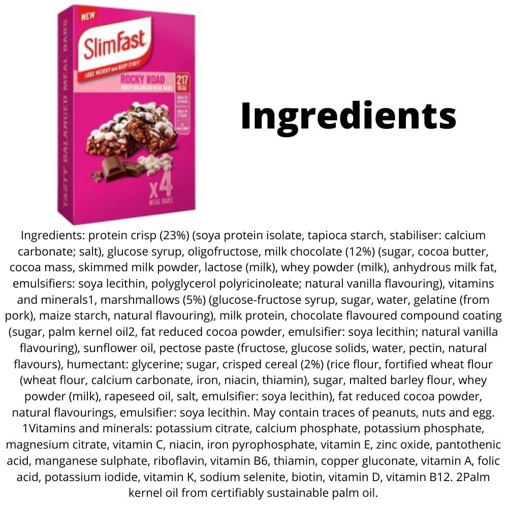 Slim Fast 16 x 60g Meal Bars – 8 Rocky Road With 8 Very Berry Tasty Flavours, Balanced Meal Replacement Bar For Weight Loss And Diet, Calorie Controlled, High In Protein And Fiber