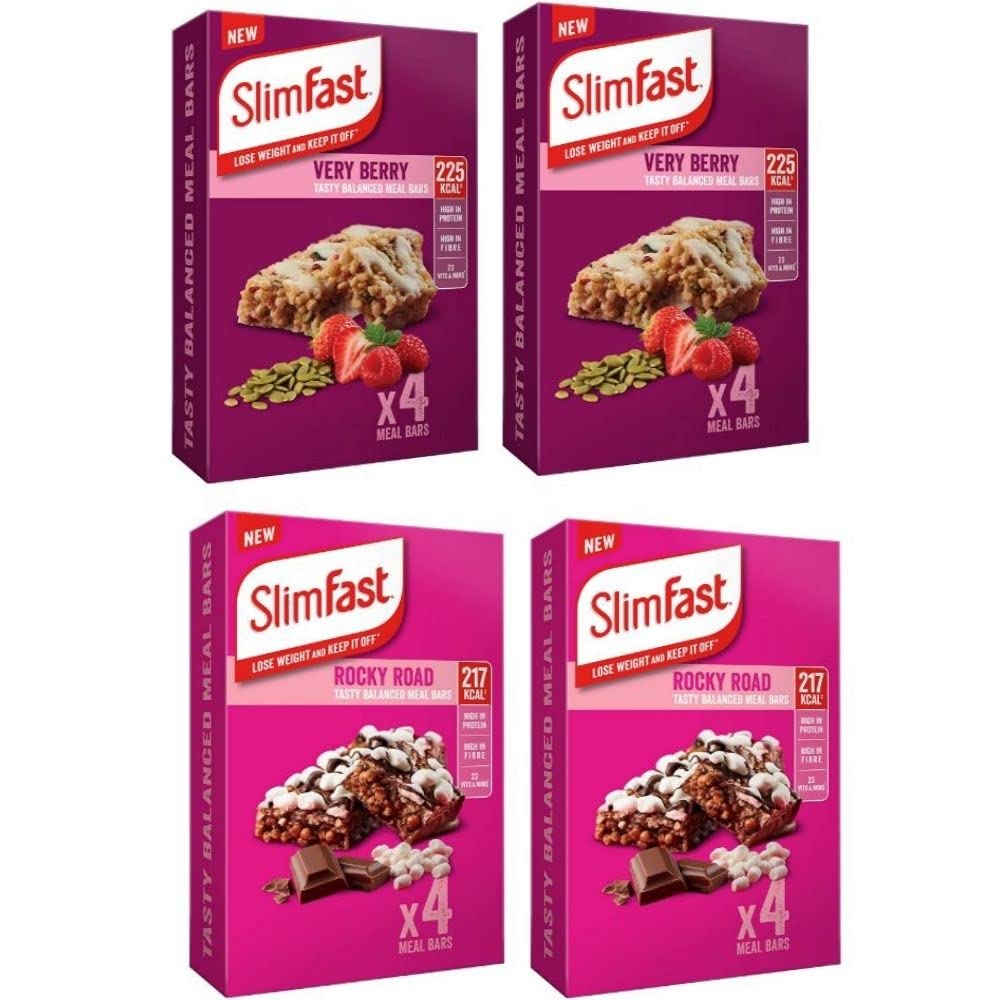 Slim Fast 16 x 60g Meal Bars – 8 Rocky Road With 8 Very Berry Tasty Flavours, Balanced Meal Replacement Bar For Weight Loss And Diet, Calorie Controlled, High In Protein And Fiber