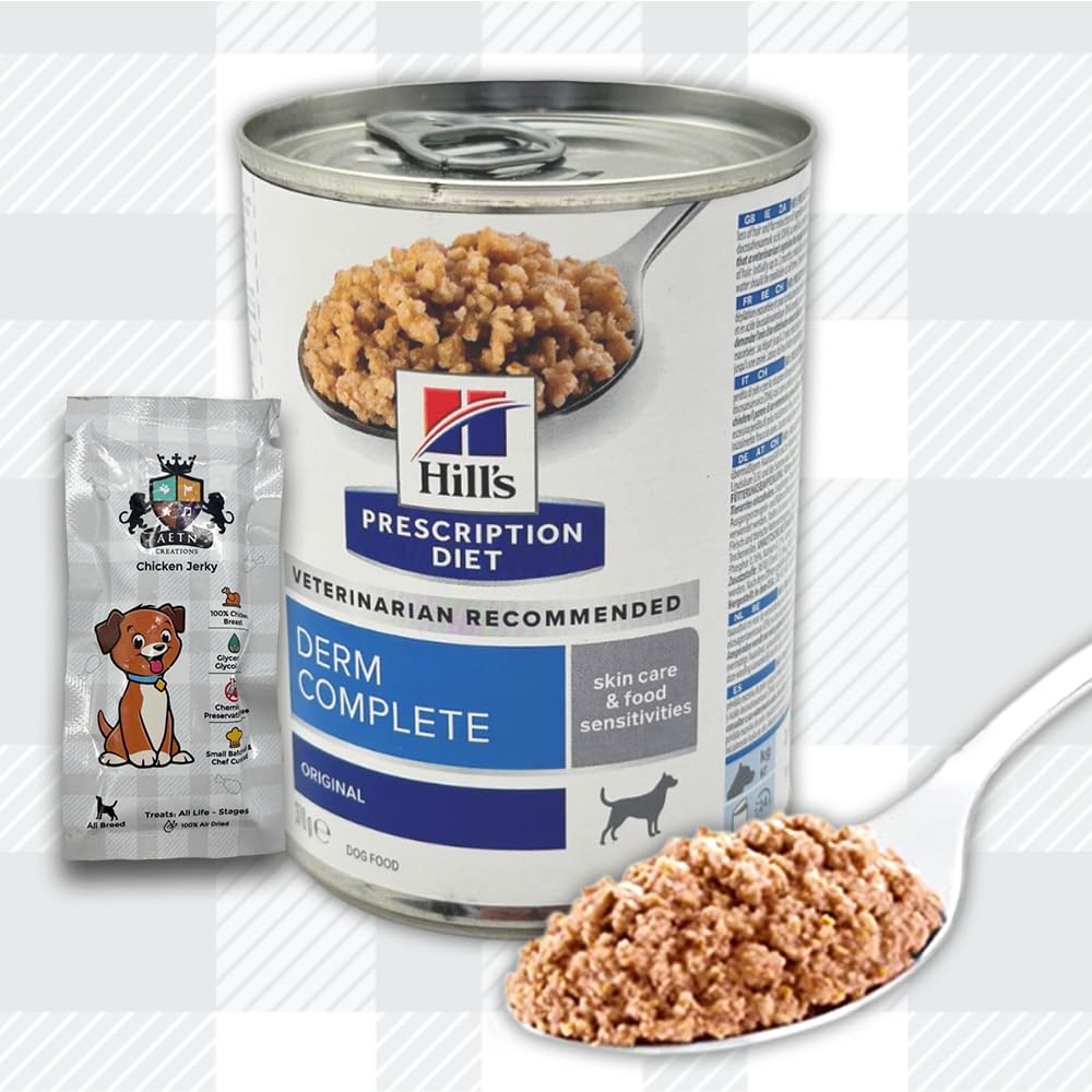 AETN Creations Derm Complete Wet Dog Food 2 Pack Hill’s Prescription Diet 370g plus AETN Jerky Dog Treat, Dietetic Food for Adult Dogs with Skin Sensitivities and Allergies