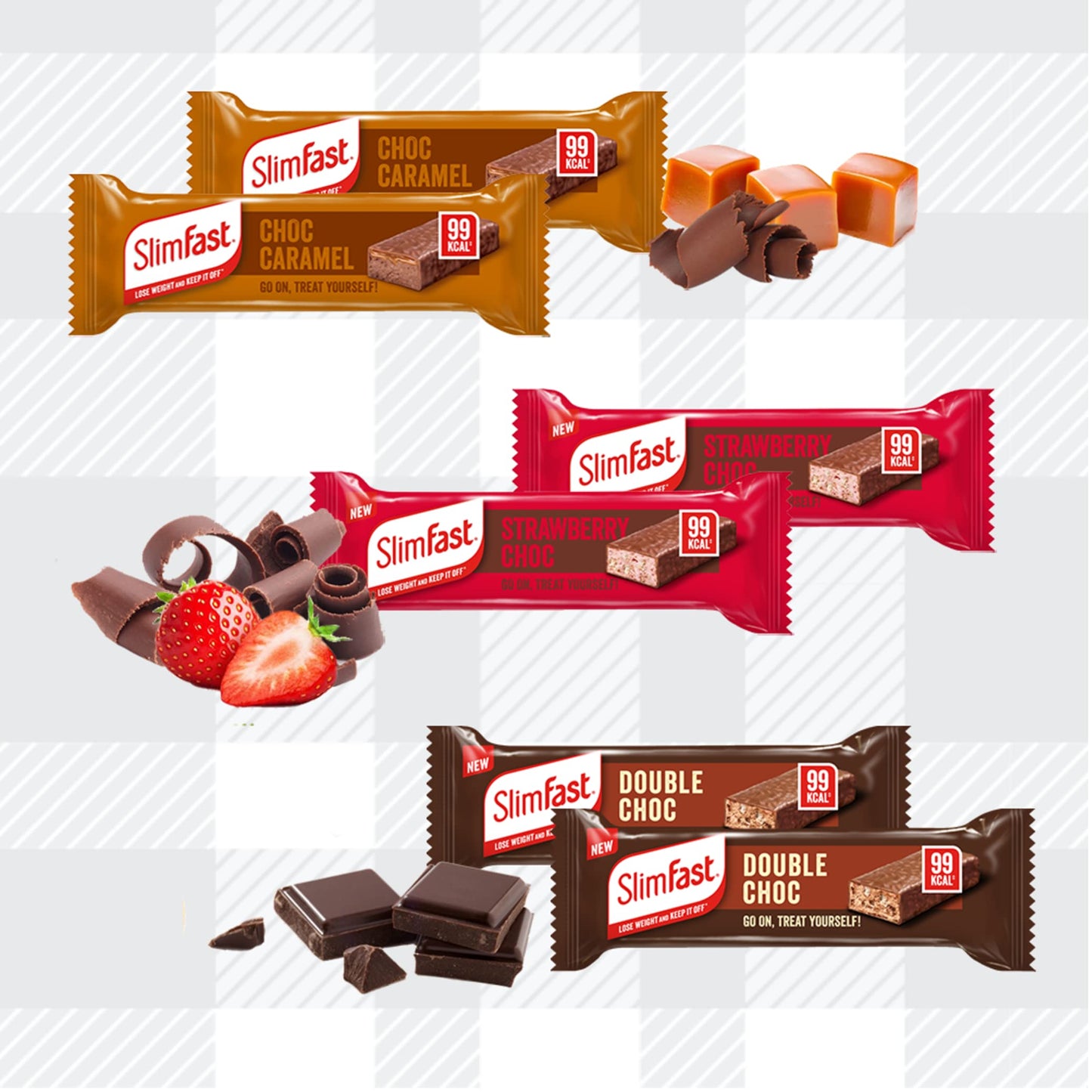 AETN Creations Slim Fast Mixed Pack of 6x25g Snack Bars 2 Choco Caramel, 2 Strawberry Chocolate, 2 Double Chocolate with AETN Fridge Magnet High in Protein and Low in Calories