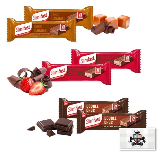 AETN Creations Slim Fast Mixed Pack of 6x25g Snack Bars 2 Choco Caramel, 2 Strawberry Chocolate, 2 Double Chocolate with AETN Fridge Magnet High in Protein and Low in Calories