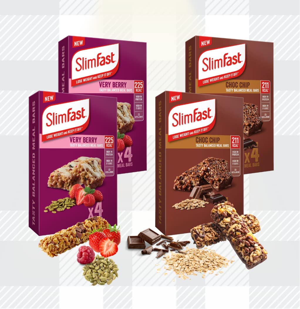 AETN Creations Slimfast Meal Replacement Bar Bundle Pack 16x60g Chocolate Chip and Very Berry Plus AETN Fridge Magnet for Weight Loss, Calorie Controlled Diet High in Protein
