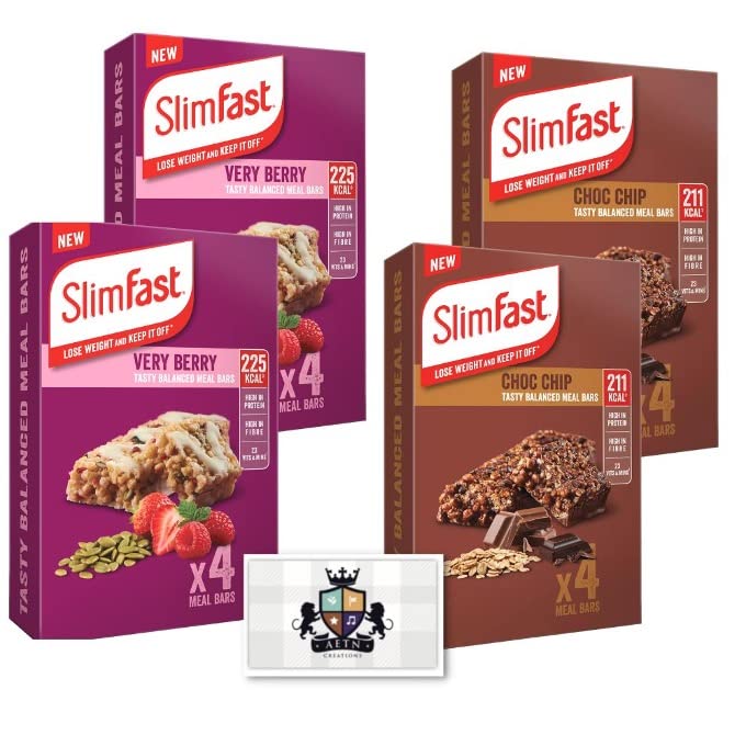 AETN Creations Slimfast Meal Replacement Bar Bundle Pack 16x60g Chocolate Chip and Very Berry Plus AETN Fridge Magnet for Weight Loss, Calorie Controlled Diet High in Protein