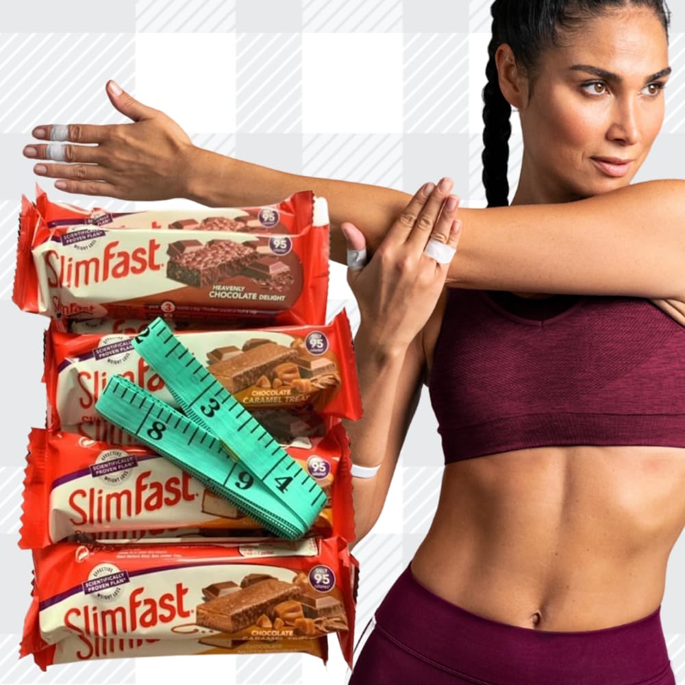 AETN Creations Slim Fast Meal Replacement Diet Snack Bars Ultimate Variety Box 24 Bars Each less than 100 Calories with the AETN waist tape measure