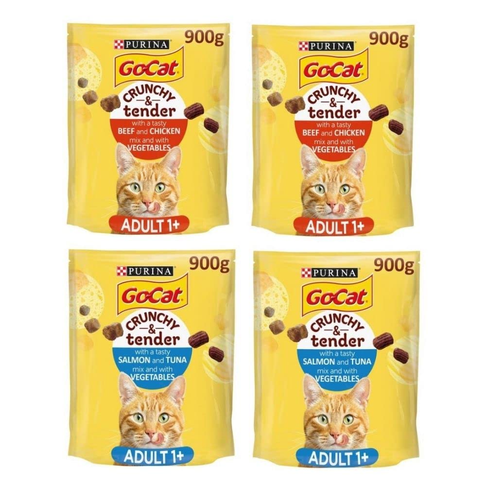 Go-Cat Crunchy & Tender Beef Chicken Vegetable 2x900G And Salmon Tuna Vegetable 2x900G Complete And Balance Adult Dry Cat Food Made Ingredients