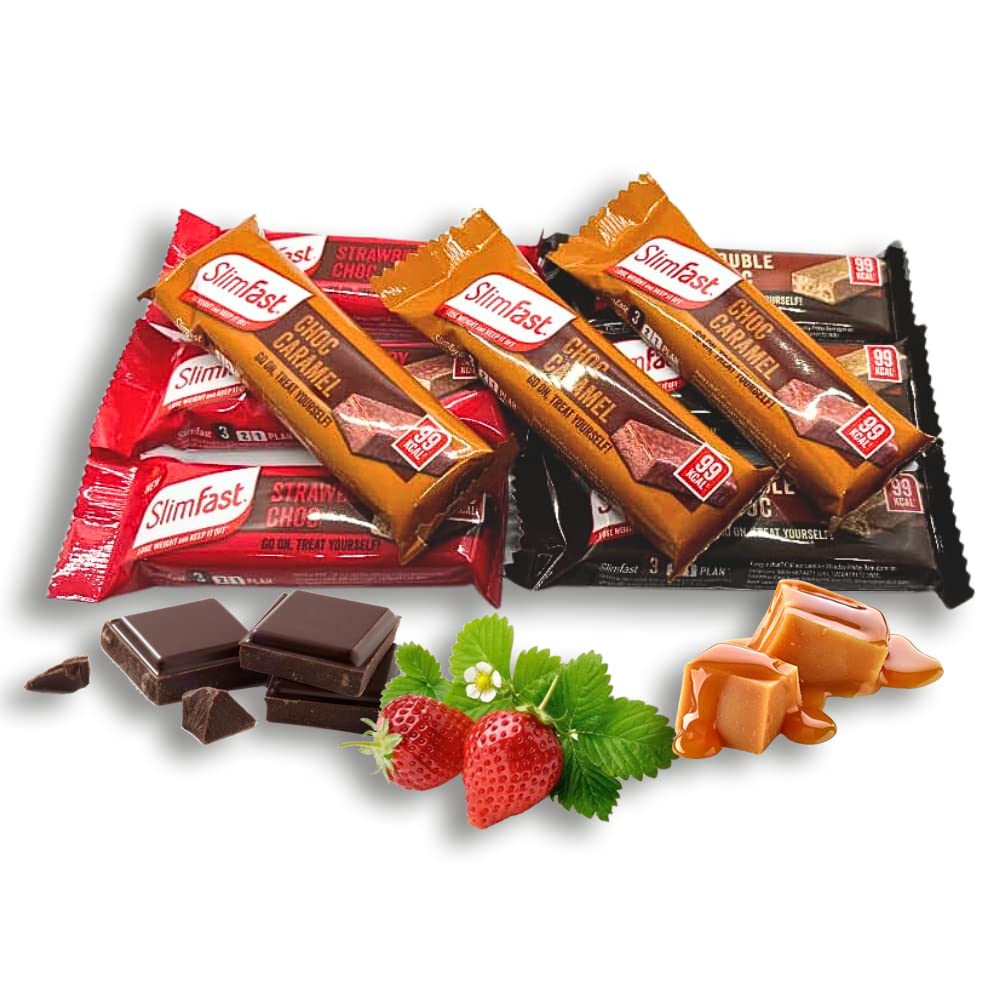 AETN Creations Slim Fast Chocolate, Strawberry, Caramel Snack 9x25grams Variety Pack 9 Bars only 99 Calories Sweet, Indulgent Treat on the Go
