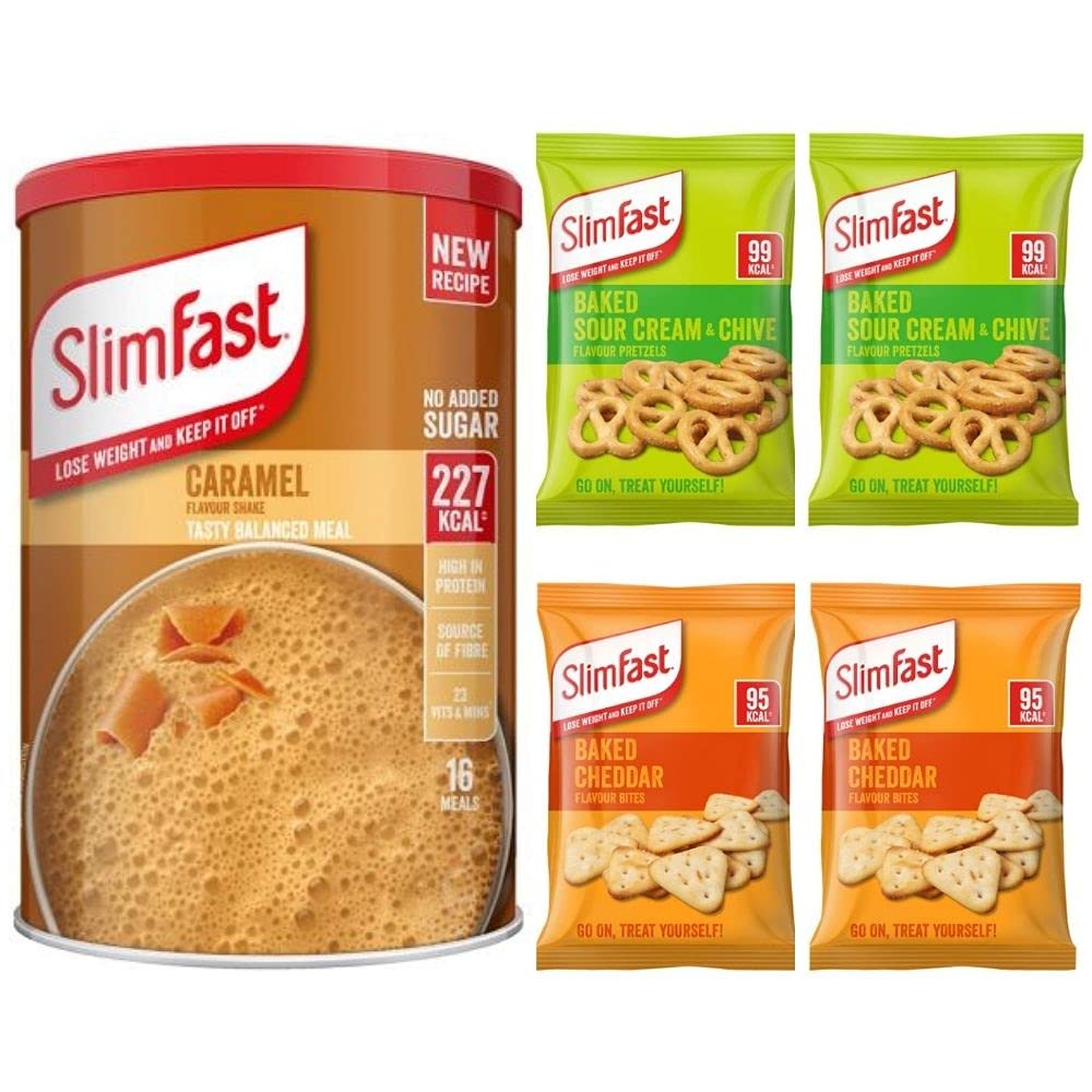 Slim Fast Shake and Snack Diet Bundle - Caramel Flavour Shake Powder 584g with 2 Baked Cheddar Bites and 2 Baked Sour Cream & Chive Pretzels Balanced Meal Replacement