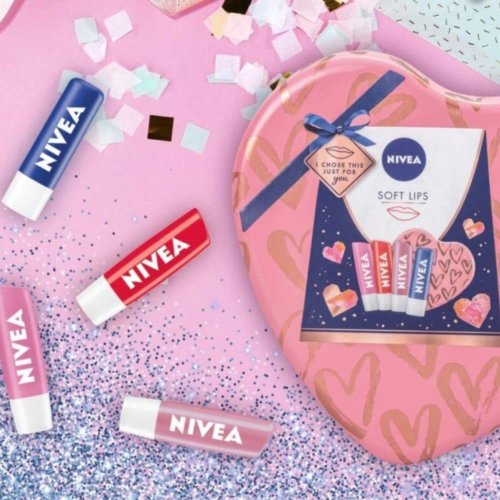 Soft Lip Balm In Heart Shape Box Giftset For 4 Balms For A Beautiful Indulge Colorful Lips That Offer Colour, Long-lasting Care And Moisturization For A Glossy Looking