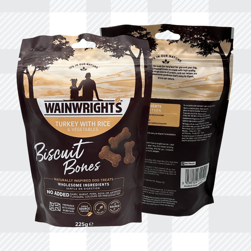 AETN Creations Wainwright's Turkey with Rice Biscuit Bones Dog Treats 225g Hypoallergenic Recipe for Adult Dogs with AETN Jerky Treat
