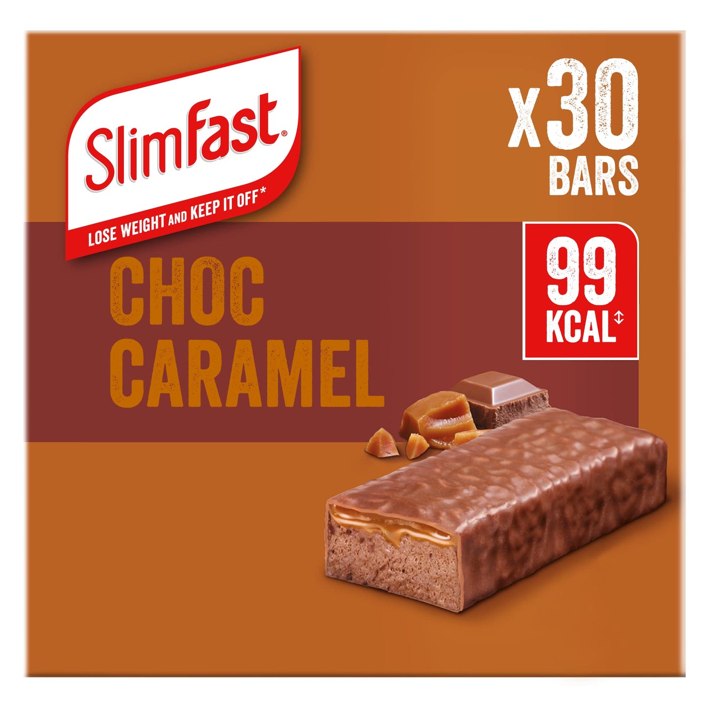 SlimFast Snack Bar, Low Calorie Snack, Choc Caramel Flavour, 30 x 26 g Multipack (Packing may vary)