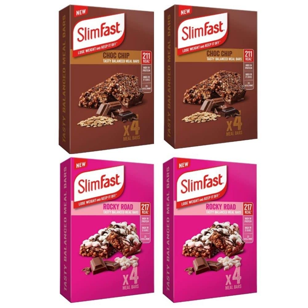 Slim Fast 16 x 60g Meal Bars – 8 Choc Chip With 8 Rocky Road Tasty Flavours, Balanced Meal Replacement Bar For Weight Loss And Diet, Calorie Controlled, High In Protein And Fiber