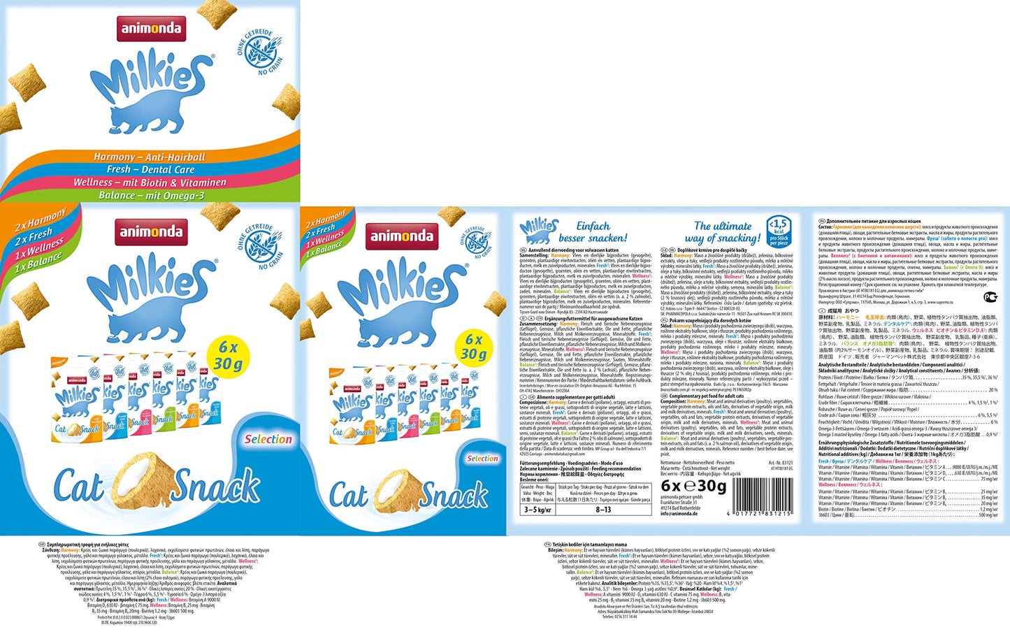 animonda Milkies, crunchy grain-free snacks for cats, cat treat, selection, 6 x 30g