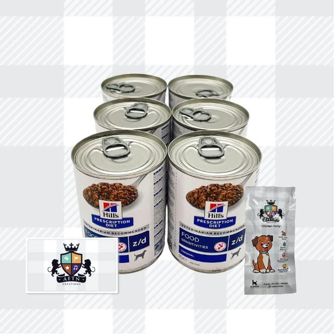 AETN Creations Prescription Diet Z/D Skin Food Sensitivities Wet Dog Pack 6x370g Tins Plus Jerky Treat For Adult Dogs With Allergies