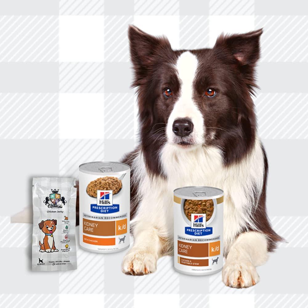 Prescription Diet Canine K/D Wet Dog Mixed Chicken Pack - 3 Stew And 3 Regular, Specifically Developed To Relieve Symptoms Of Kidney Disease Plus AETN Creations Natural Jerky Treat