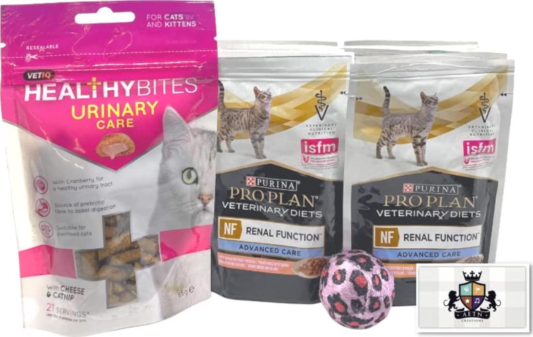 Pro Plan NF Renal Function Bundle Consist Of 10x85g Wet Cat Food Pouches Mixed Pack In Chicken And Salmon, Urinary Treats, Toy AETN Creations Fridge Magnet For Adult Cats With Illnesses