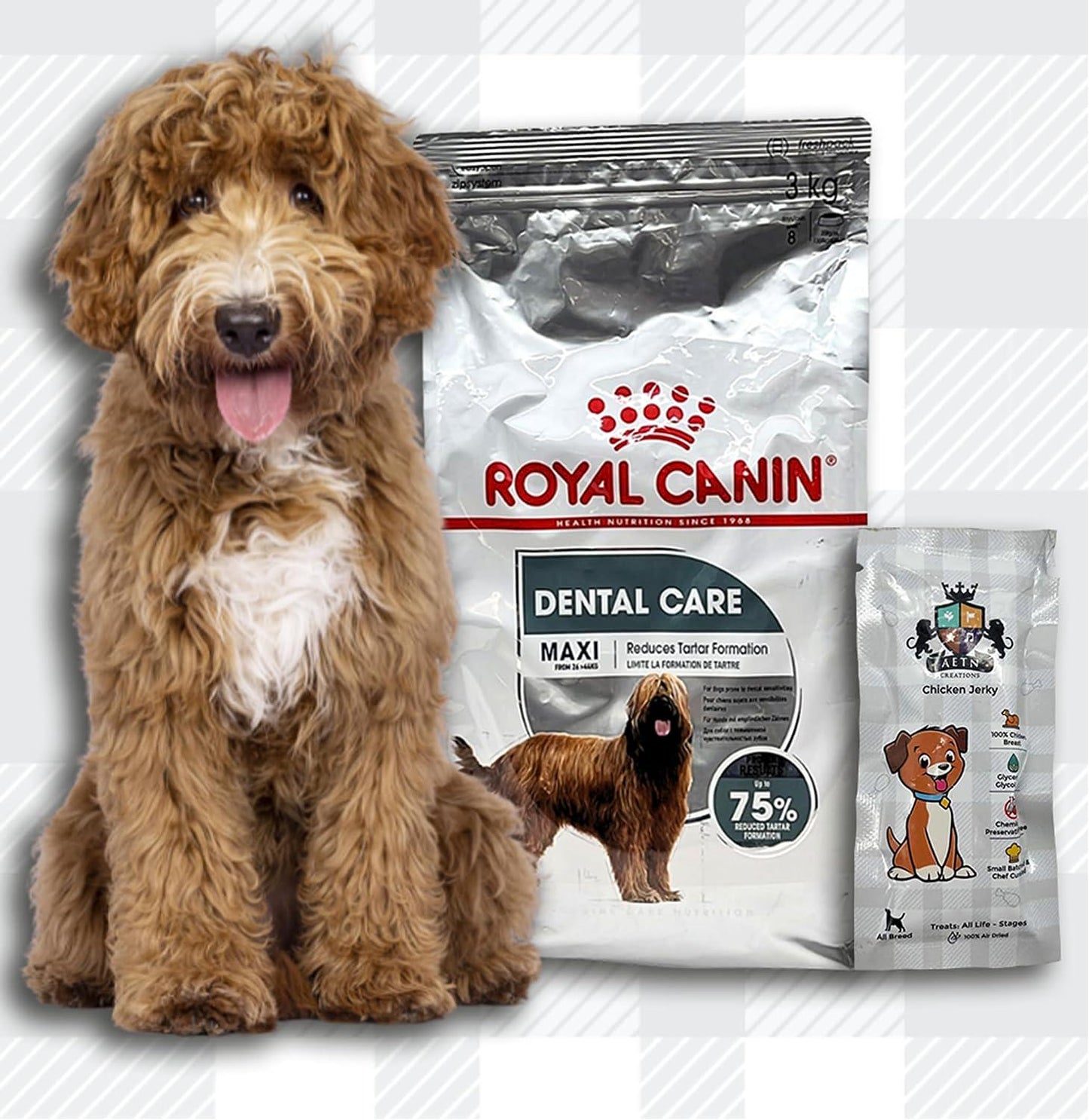 AETN Creations Maxi Dental Care Dog Bundle 3kg Dry Food And Chicken Jerky Treat Formulated To Help Maintain Health Adult Dogs.